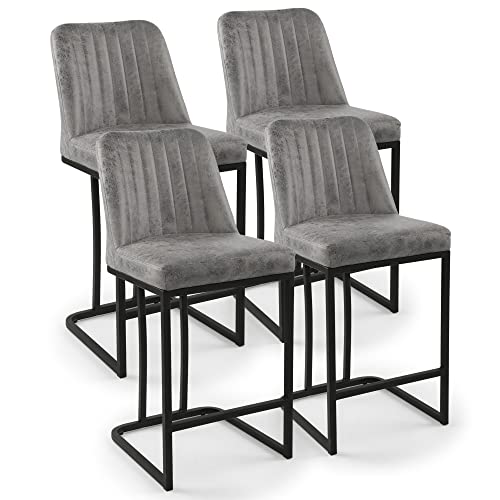 LSSPAID Bar Stools Set of 4, Upholstered Fabric Counter Height Bar Stool, 24.8 inch Kitchen Island Bar Chairs, Black Metal Leg Barstools, Brown