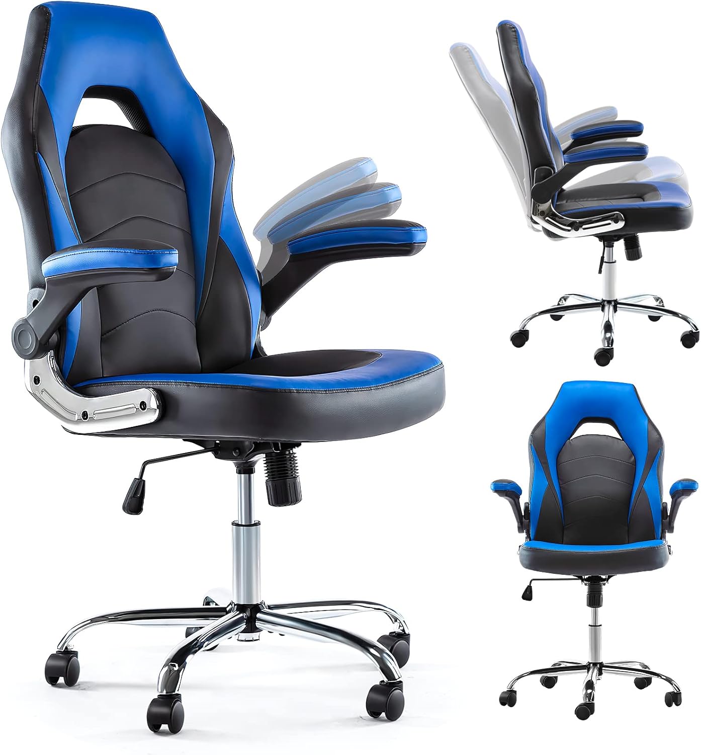 Gaming Chair - Office Chair Mid Back Computer Chair Desk Chair with Flip-up Armrest and Height Adjustable Splicing PU Leather Swivel Home Office Desk Chair with Lumbar Support for Adults