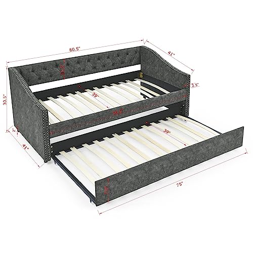 SLEERWAY Twin Size Daybed with Twin Size Trundle, Modern Upholstered Polyester Day Bed Button-Tufted Sofa Daybed Frame and A Trundle, Furniture for Bedroom Living Room Guest Room (Beige)