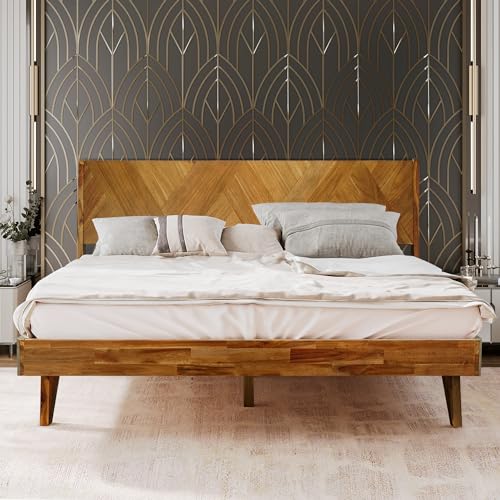 Gazelle Queen Size Bed Frame with Artistic 41in High Headboard Solid Wood Platform Bed, Art Deco Premium Natural Wood Bed Compatible with All Mattresses, Wood Slats Support, Walnut