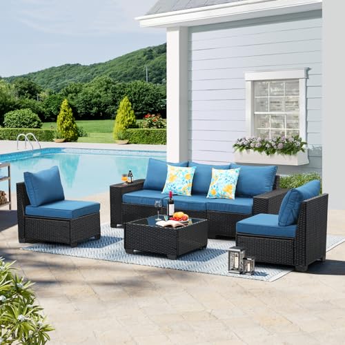 Patio Furniture Set 5 Pieces All Weather Patio Conversation Sets Wicker PE Rattan Outdoor Sectional Couch Sofa with Cushion Ottoman Table for Poolside Peacock, Garden, Backyard Navy