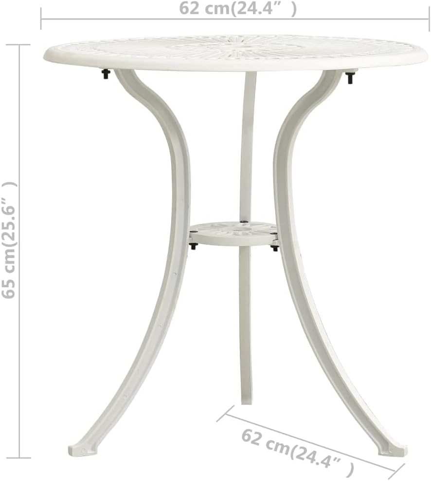 Patio Bistro Table | Outdoor Bistro Dining Table with Umbrella Hole | Round Accent Table for Outside Garden Balcony Backyard Yard Porch and Deck | White Cast Aluminum 24.4
