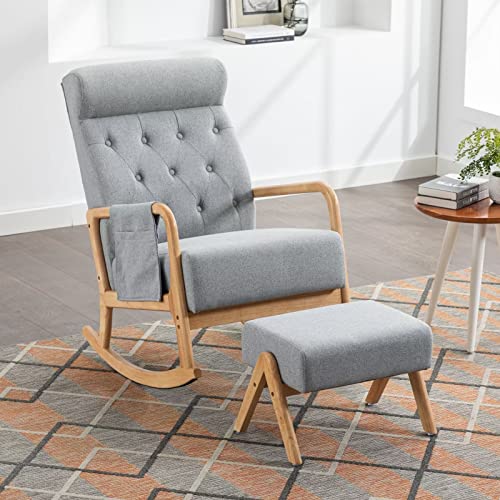 Accent Rocking Chair with Ottoman, Modern Fabric Upholstered Armchair with Thicken Padded Cushion and High Backrest, Glider Rocker with Side Pocket and Solid Wood Base, Beige