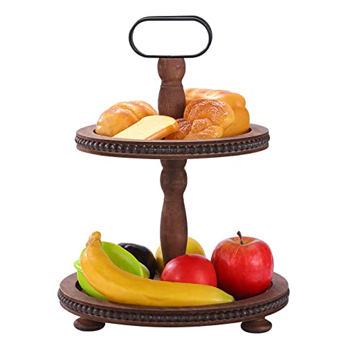 Urban Deco Wooden Decorative Tray Two Tiered Tray Decorations Round Serving Tray with Metal Handle, Wooden Cupcake Stand for Party Tiered Dessert Stand - Dark Brown Farmhouse Wooden Tray