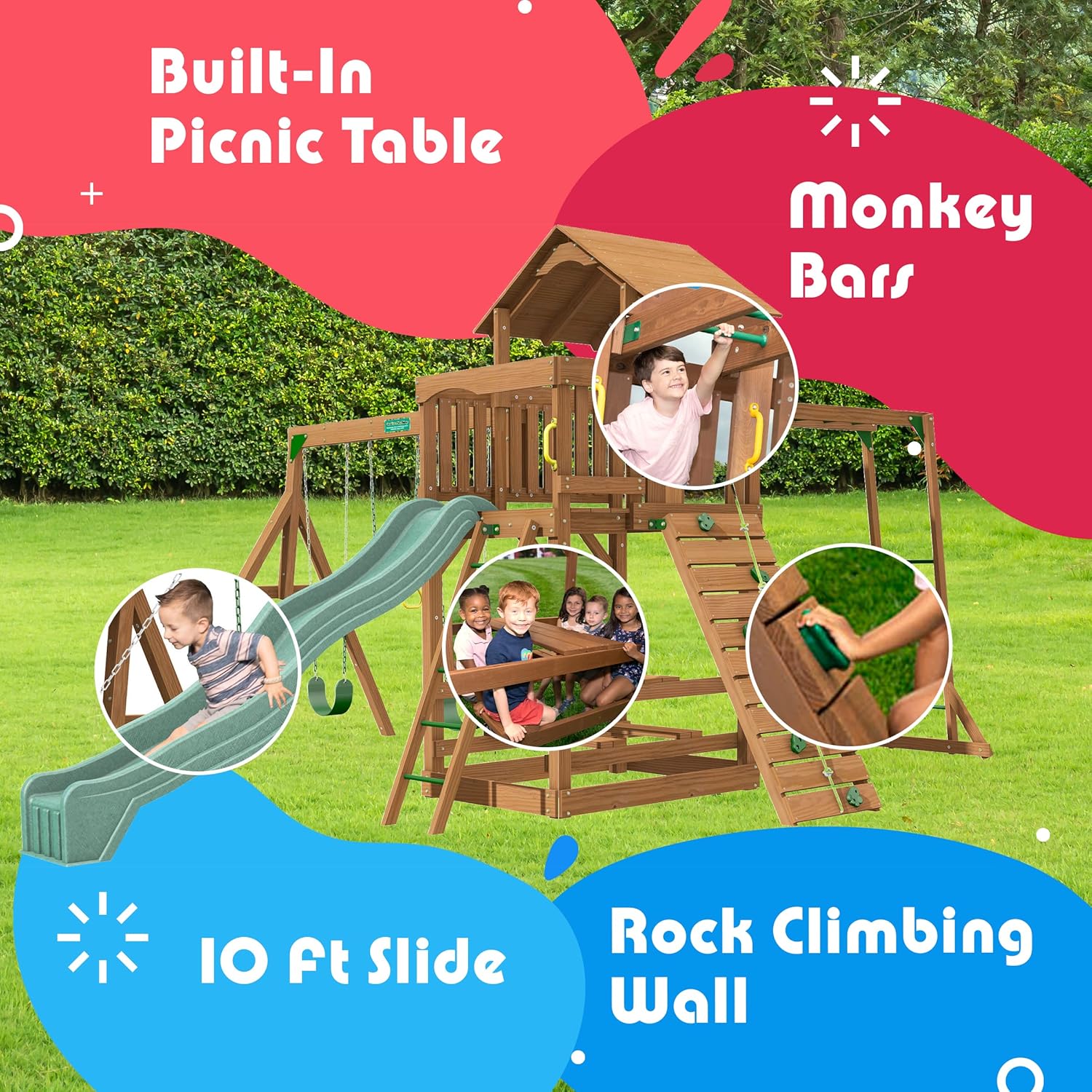 Creative Playthings Spring Hill Wooden Swing Set with Monkey Bars (Made in The USA), includes Kids Climbing Wall, Monkey Bars, Playground Swings and Slide,15 x 20 x 11 ft