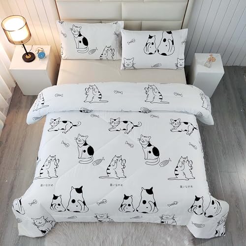SDY 3PCS Cat Comforter Set Twin, Cute Comforter Set Bed in a Bag Twin, Cute Cartoon Cats Toddler Bed Set, Kawaii Bedroom Kids Twin Bedding Set for Toddler, Teenage, Children, Girls and Boys