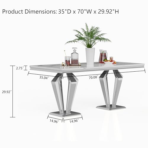 Goujxcy White Marble Dining Table Luxury Faux Marble Kitchen Table with Silver Mirrored Finish Stainless Steel Legs,70