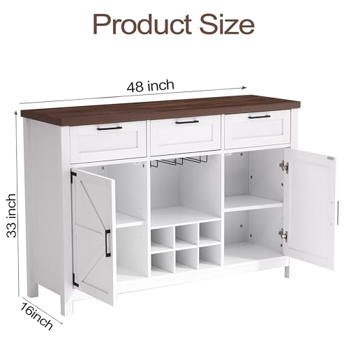 48” Farmhouse Buffet Cabinet - Sideboard with 3 Drawers, 2 Barn Doors, Wine & Glass Rack, Storage Shelves, Ideal for Dining Room, Kitchen, Living Room