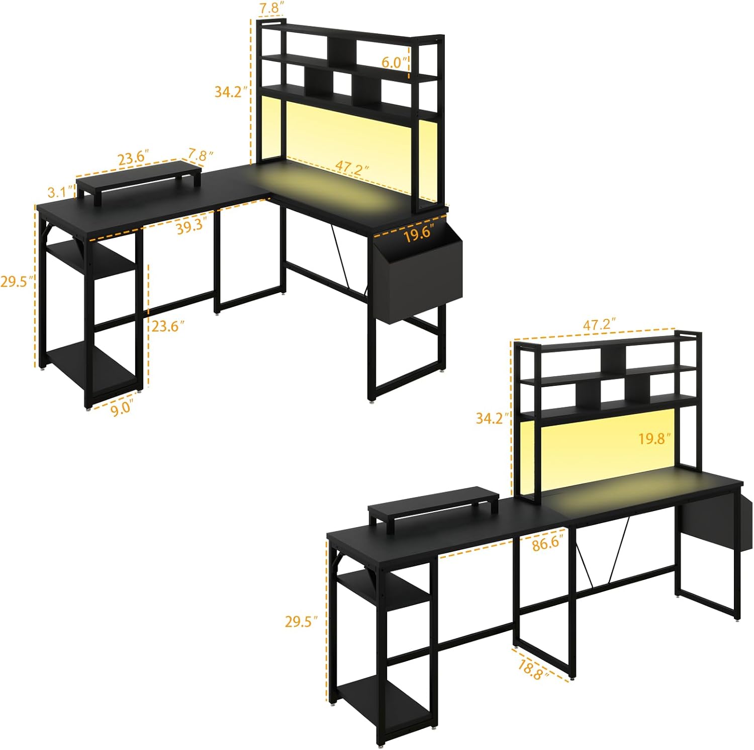 L Shaped Computer Desk with LED Sensor Lights and Power Outlets, Reversible L Shape Gaming Desk with Storage Bag and Hutch Monitor Stand, Home Office Desk with USB Port