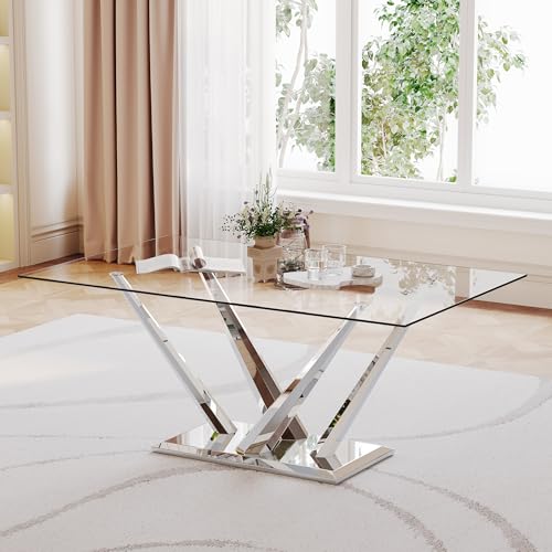 Glass Dining Table for 4-6, 63” Modern Rectangular Kitchen Table with Tempered Glass Top & Crossed Stainless Steel Base, Large Dining Table for Office Kitchen Living Meeting Room, Silver