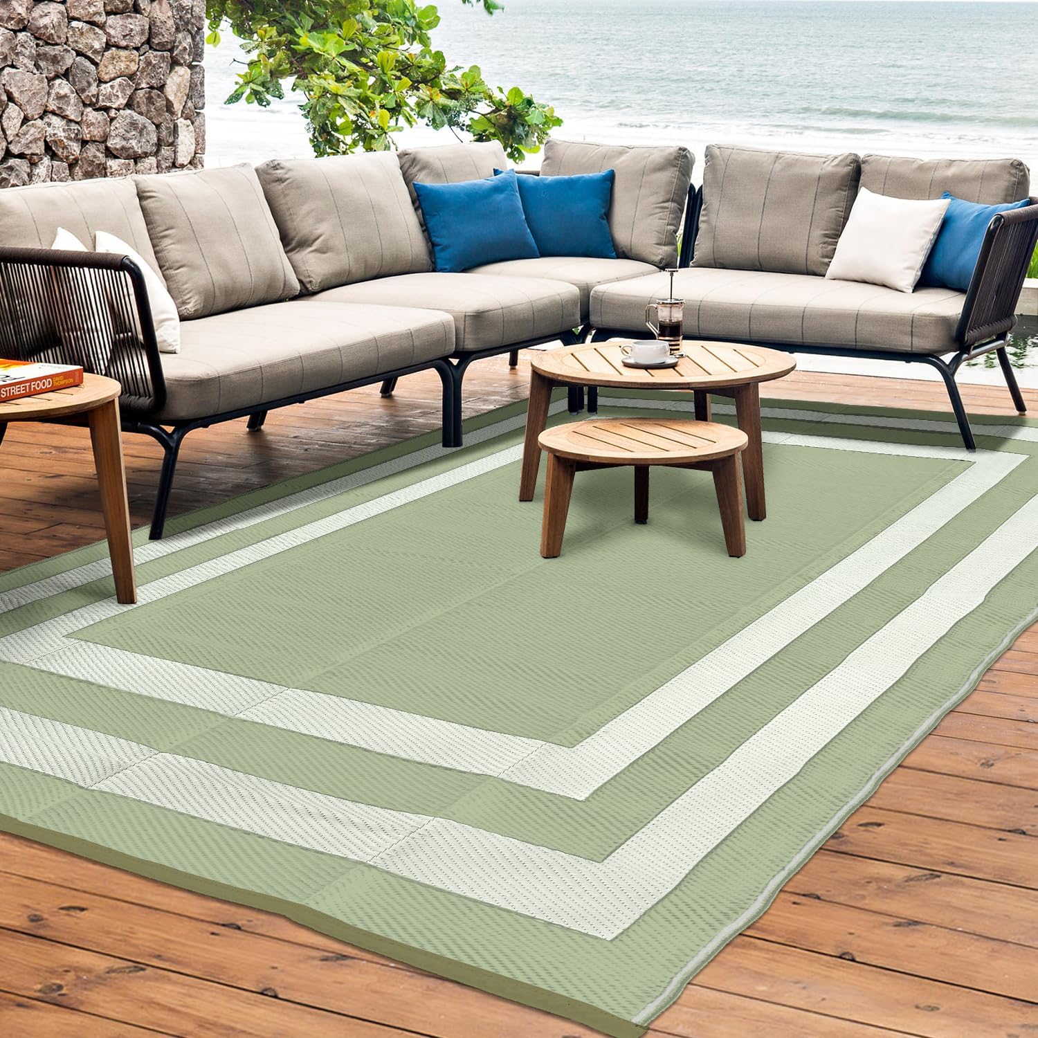 Outdoor Rug Carpet Waterproof Reversible Mats 6x9 ft Patio Rug RV Camping Rug, Plastic Straw Rug Area Rug for Balcony Picnic Beach(Green and White)