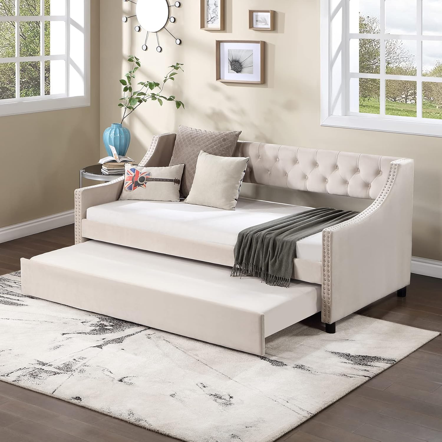 Bellemave Twin Upholstered Daybed with Trundle Tufted Button Mid-Century Day Bed Frame Wing-Back Sofa Bed with Wood Slats for Living Room Bedroom, Both Twin Size, Beige, Beige Velvet