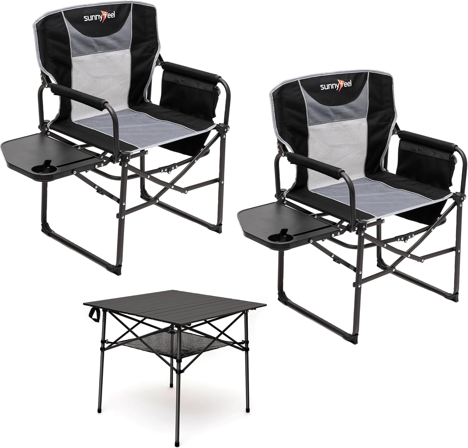 SUNNYFEEL Camping Directors Chair 2 Pack with Aluminum Outdoor Folding Table, Oversized Portable Folding Chair with Pocket for Beach, Fishing,Trip,Picnic,Lawn,Concert