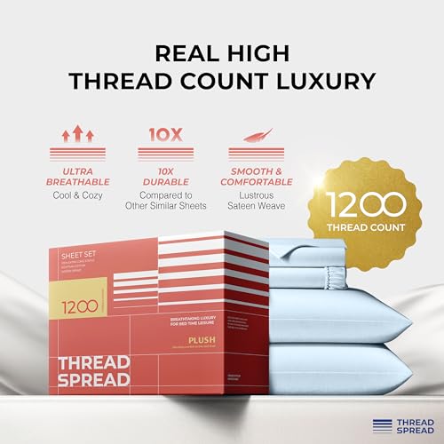 THREAD SPREAD 100% Egyptian Cotton Sheets Queen Size - 1200 Thread Count 4 PC Queen Sheet Set Egyptian Cotton, Sateen Weave Luxury Sheets Queen Size, High Thread Count Sheets, 17