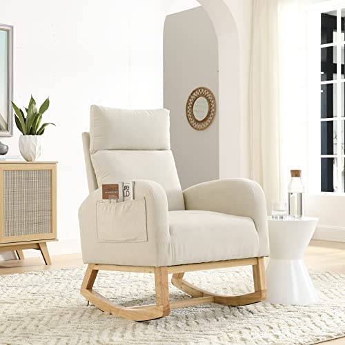 Modern Accent Upholstered Rocking Chair with High Backrest, Comfy Fabric Armchair with Side Pocket, Mid-Century Lounge Chair with Wood Base for Living Room Office, Beige