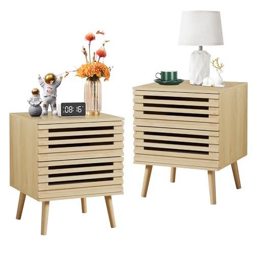 Rattan Nightstand Set of 2, End Table Rattan Bedside Table with Storage 3-Drawer Side Table with 3 Hand Made Rattan Decorated Drawers Wood Accent Table, Walnut 2 Pack