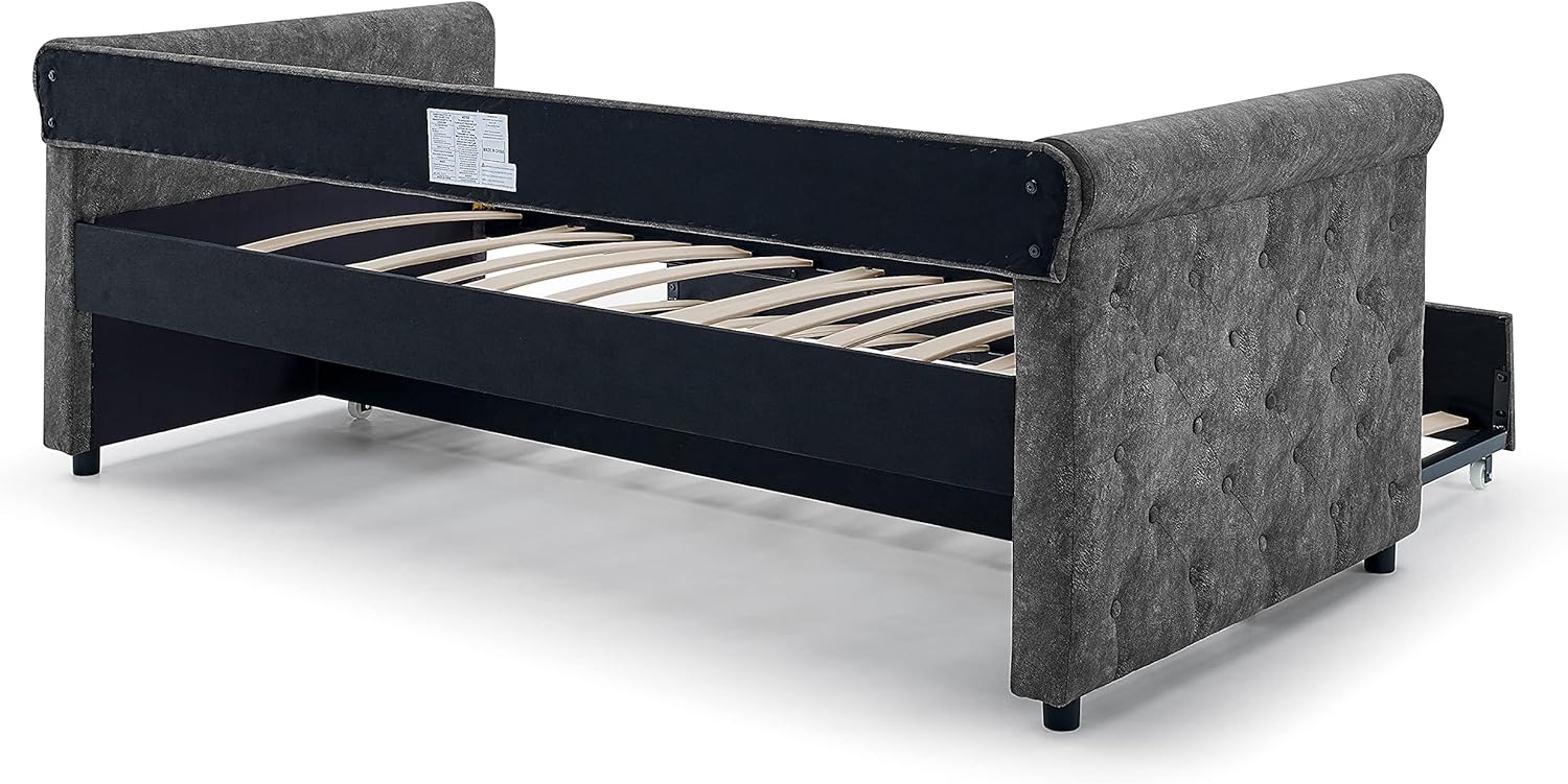 Flieks Twin Upholstered Daybed with Trundle, Solid Wood Upholstered Tufted Sofa Bed Frame with Button Tufted and Nailtrim on Arms, No Box Spring Needed, Grey