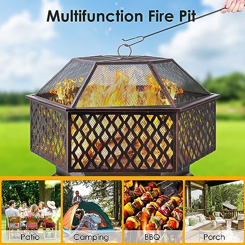 Outdoor Steel Fire Pit, Hex-Shaped Firebowl with Grill Mesh, Wood Coal Burning Fireplace, Fire bowl w/Flame-Retardant Mesh Lid & Poker, Portable Patio Picnic Bonfire BBQ (28“)