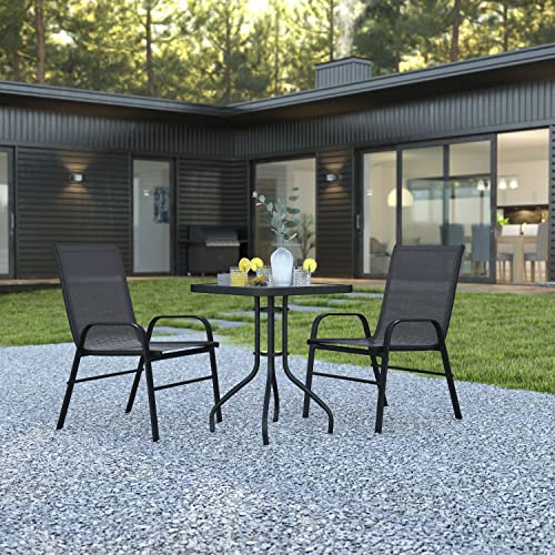 EMMA + OLIVER Three Piece Patio Table and Chairs Set - Two Black Flex Comfort Chairs - 23.5