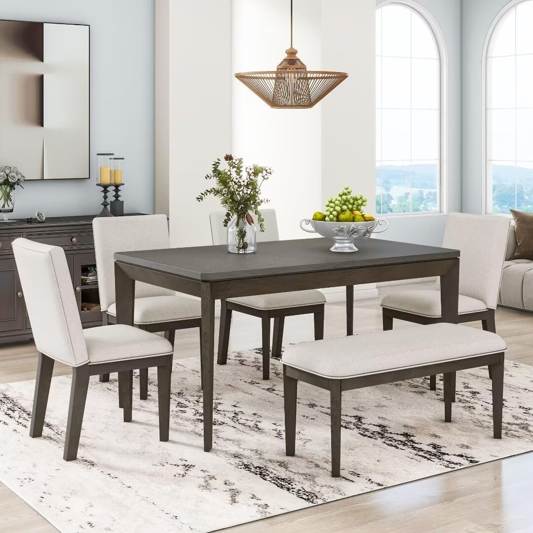 6-Piece Dining Table Set with Upholstered Dining Chairs and Bench,Farmhouse Style, Tapered Legs