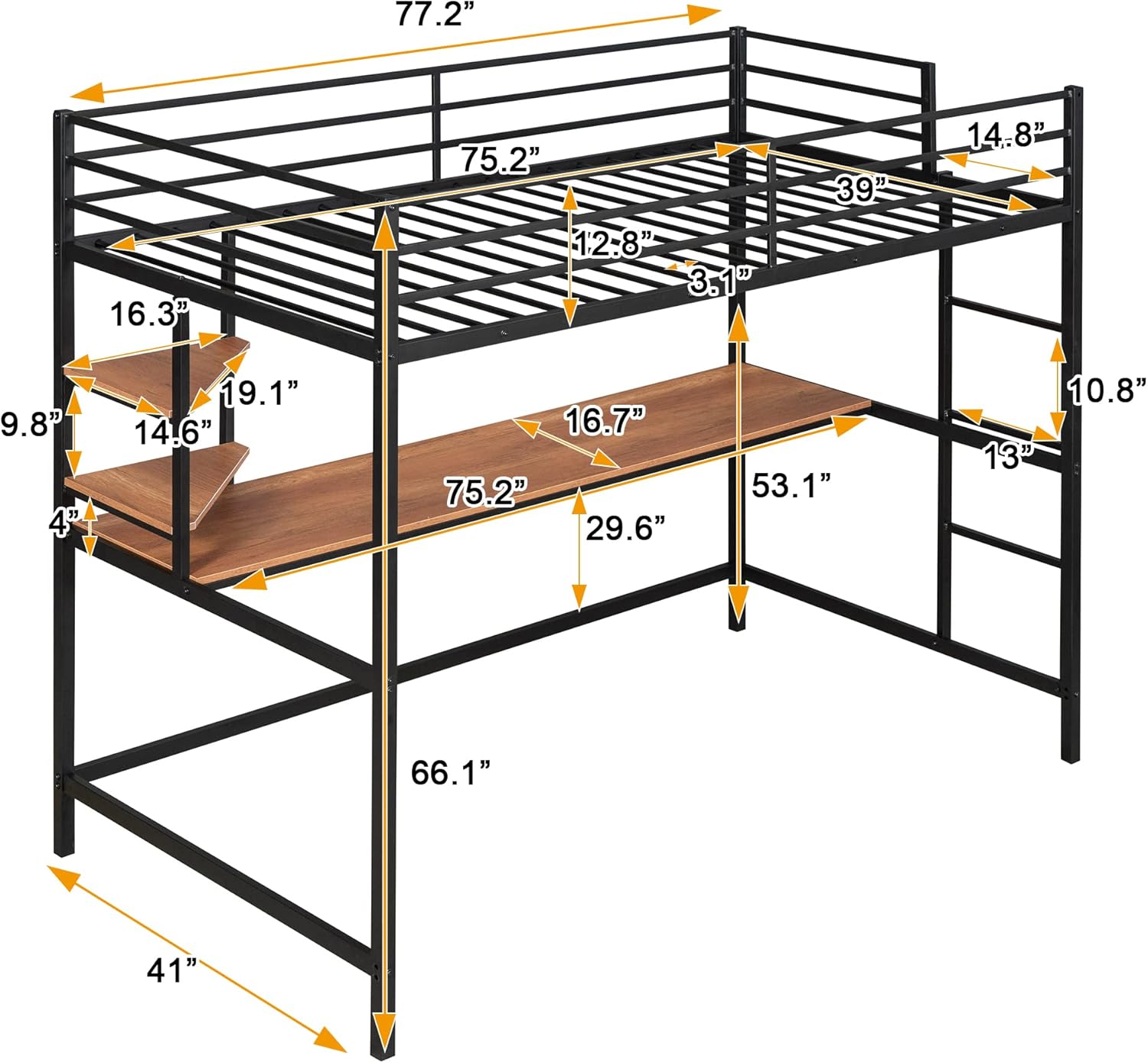 Twin Metal Loft Bed with Desk and Shelves, for Kids Teens Adults, Black