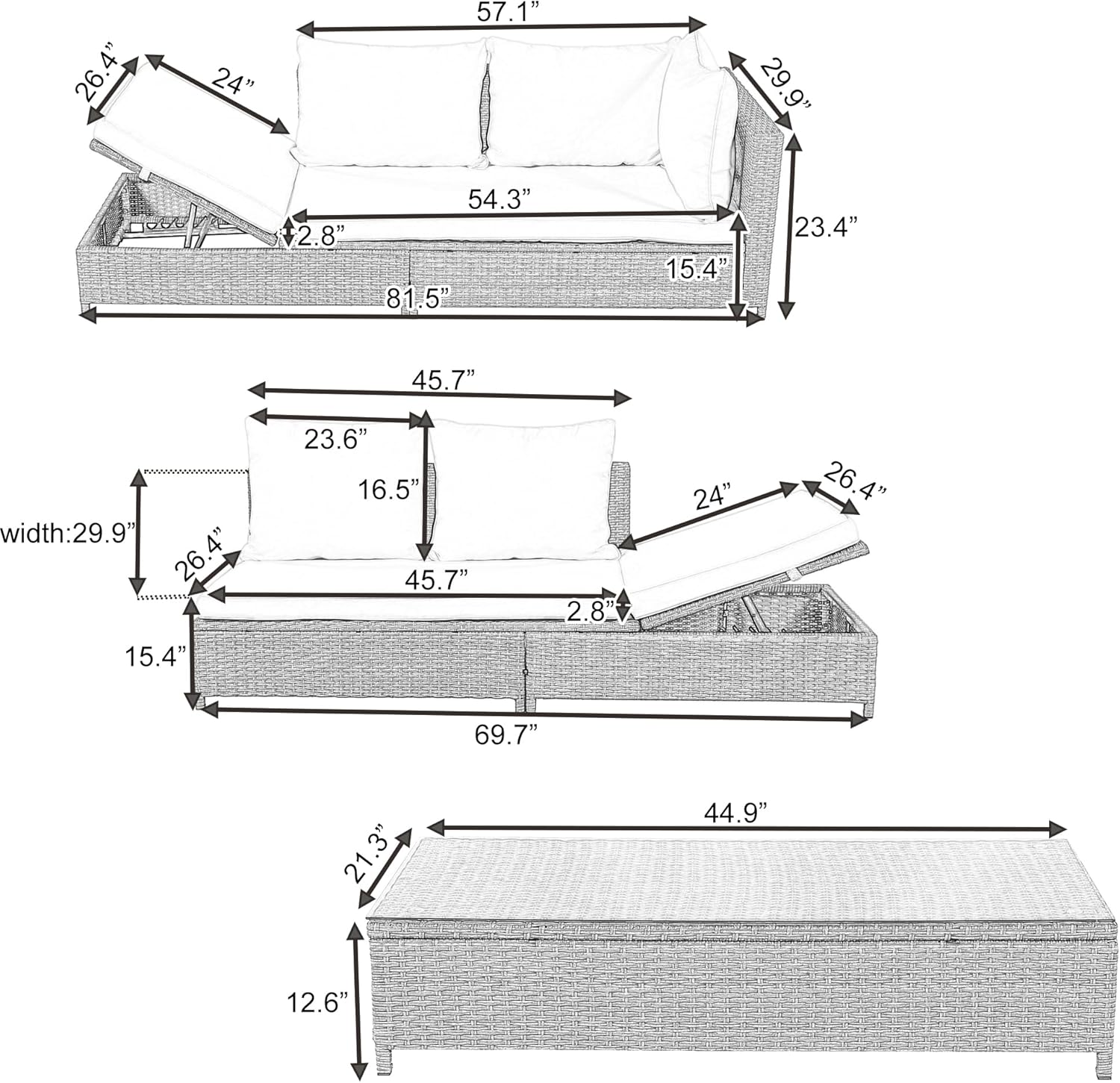 3-Piece Patio Furniture, Weather PE Rattan Wicker Sectional Sofa Set with Adjustable Chaise Lounge Frame and Tempered Glass Table, Washable Pillow&Cushion, Natural
