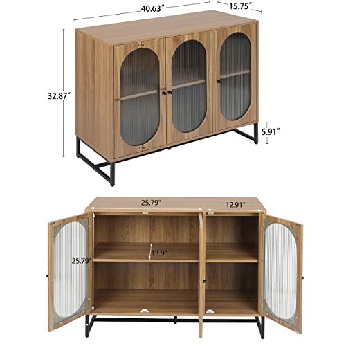 Henf Sideboard Buffet Cabinet with 3 Fluted Glass Doors, Modern Wood Kitchen Storage Cabinet Sideboard w/Height-Adjustable Shelf, Accent Console Table for Kitchen Dining Living Room Hallway Office