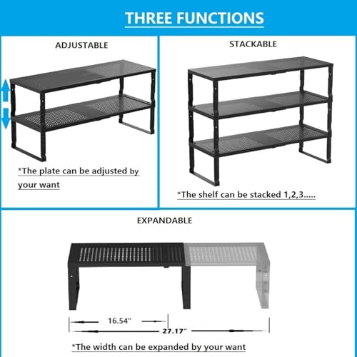 Expandable,Adjustable & Stackable Spice Rack, Cabinet Kitchen Countertop Shelf Organizer,Metal Pantry Storage Shelves - Space-Saving Storage Solution(2Packs/Black/Medium)