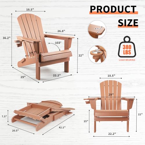 FUNBERRY Adirondack Chair,Plastic Adirondack Chairs,Wood Texture Fire Pit Chairs,Folding Adirondack Chairs,Composite Adirondack Chairs,Resin Adirondack Chairs with Cup Holder (Teak)