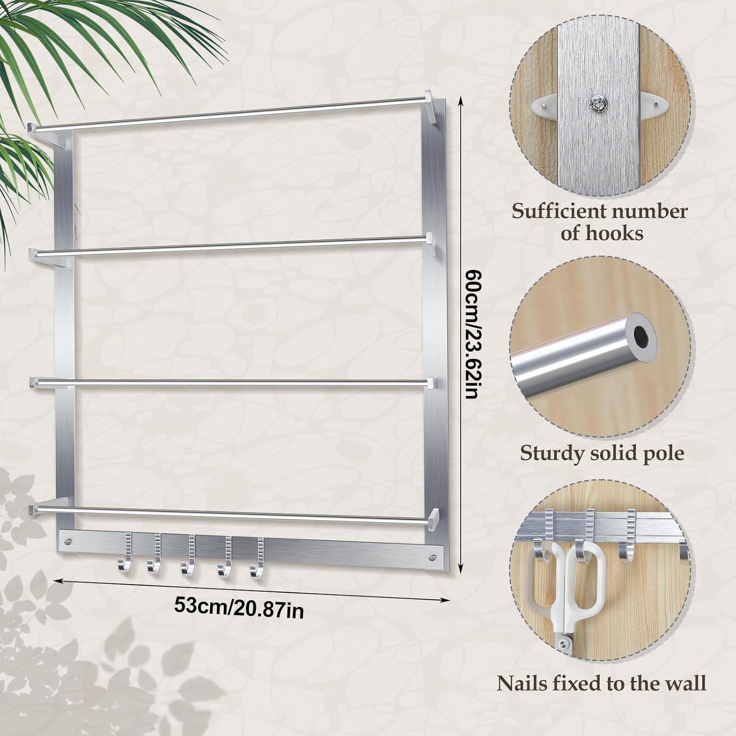 Ribbon Wall Holder 4 Tier Ribbon Organizer Sewing Tool Thread Storage Rack Wire Spool Rack Wall Mount with 5 Hook for Ribbon Thread Fabric Wrapping Paper Scarf Belt Towel