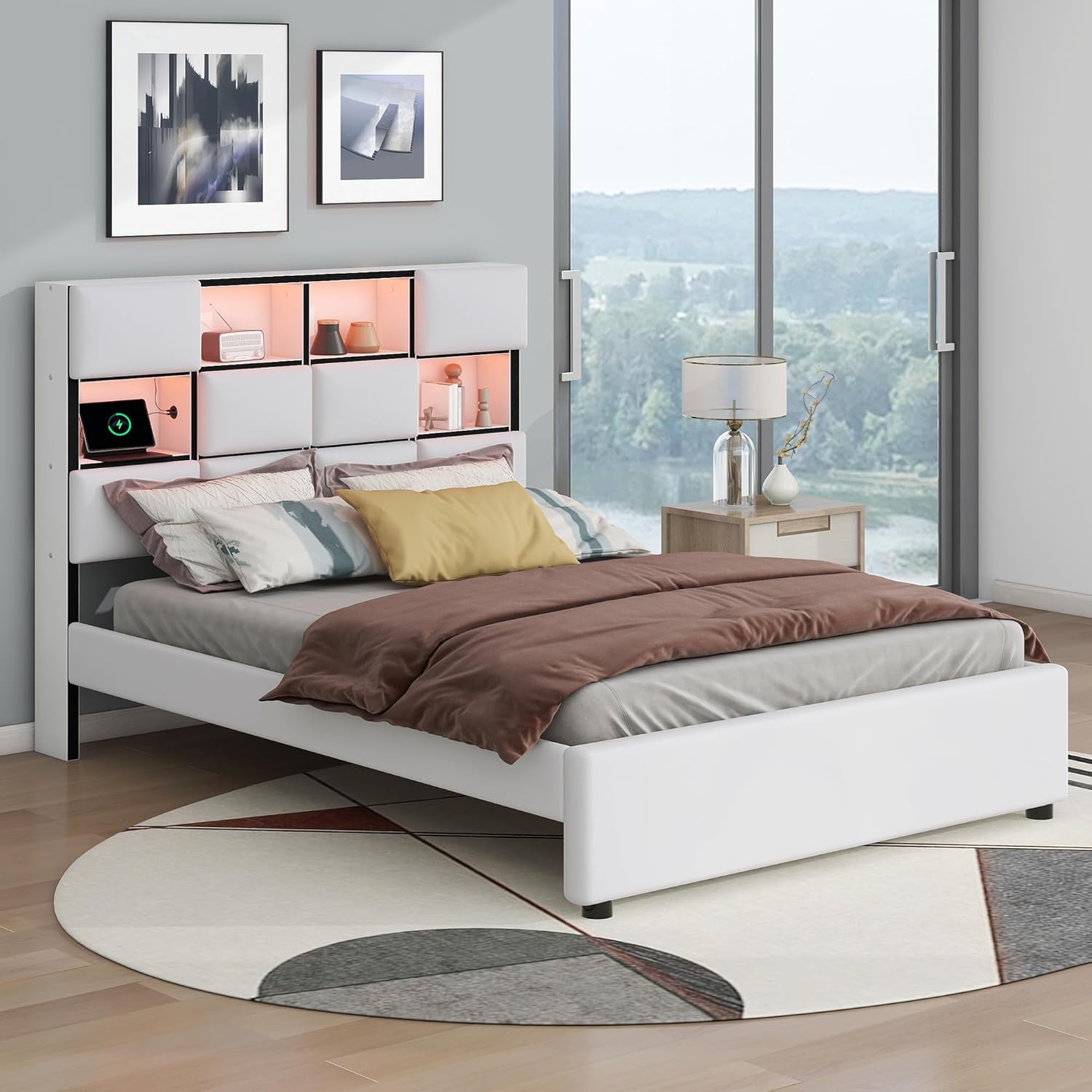 Full Size Bed Frame with Storage Headboard, Upholstered Platform Bed with USB Port & LED Lights, No Box Spring, Beige