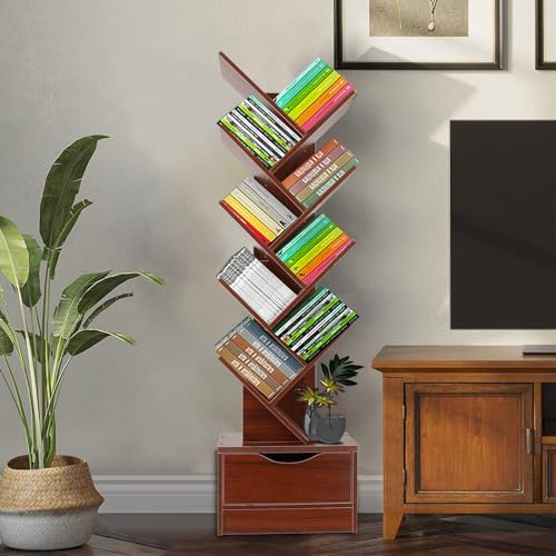 Tree Bookshelf with Drawer, 9 Tiers Tree Bookshelf, Modern Book Storage Organizer, Free Standing Tree Bookcase, Utility Organizer Shelves for Home, Office, Living Room, Bedroom, Rustic Style Ebony