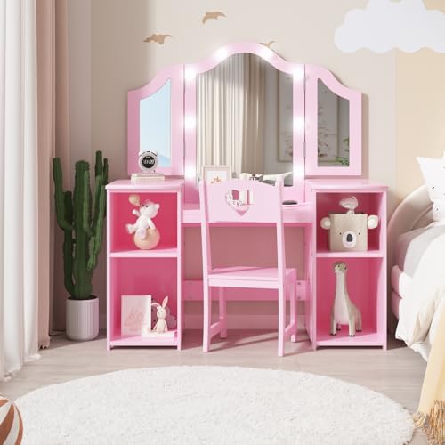 GAOMON Kids Vanity Table - Princess Dressing Table with Touch Light, Detachable Tri-Folding Mirror, Open Storage Shelves, Princess Wood Makeup Playset with Chair for Girls Toddlers