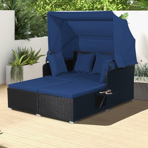 RELAX4LIFE Patio Outdoor Daybed with Canopy, Wicker Sunbed w/Cushions, 4 Pillows & 2 Retractable Side Trays, 2-Person Lounge Bed Conversation for Poolside Porch Garden, Rattan Outdoor Bed (Navy)