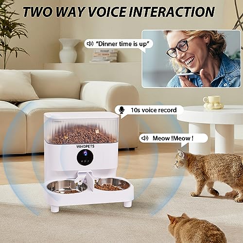 Automatic Cat Feeders, WHDPETS WiFi Pet Feeder with 1080P Camera for 2 Cats & Dogs, 5L Auto Dog Food Dispenser with Feeding Mat, Portion Control, Dual Power Supply, Voice Recorder, 2.4G Wi-Fi Enabled