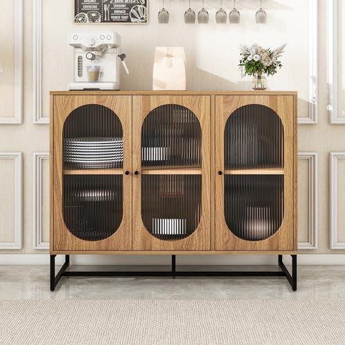 Henf Sideboard Buffet Cabinet with 3 Fluted Glass Doors, Modern Wood Kitchen Storage Cabinet Sideboard w/Height-Adjustable Shelf, Accent Console Table for Kitchen Dining Living Room Hallway Office