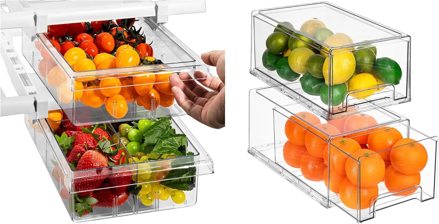 Sorbus Kitchen Organization Bundle - Includes 2 Pull Out Fridge Drawers & 2 Large Pull Out Stackable Fridge Bins