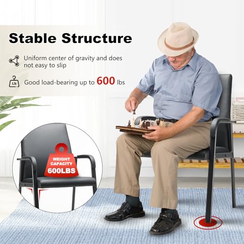 Office Guest Reception Chair 600 lbs Capacity Leather Conference Room Chairs with Padded Armrests No Wheels Desk Chair Black