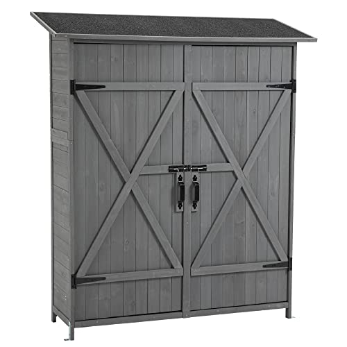 Outdoor Storage Cabinet, Outside Wood Shed with Waterproof Roof & Detachable Shelves & Double Locks, Vertical Tool Storage Box for Patio, Garden, Backyard, Brown
