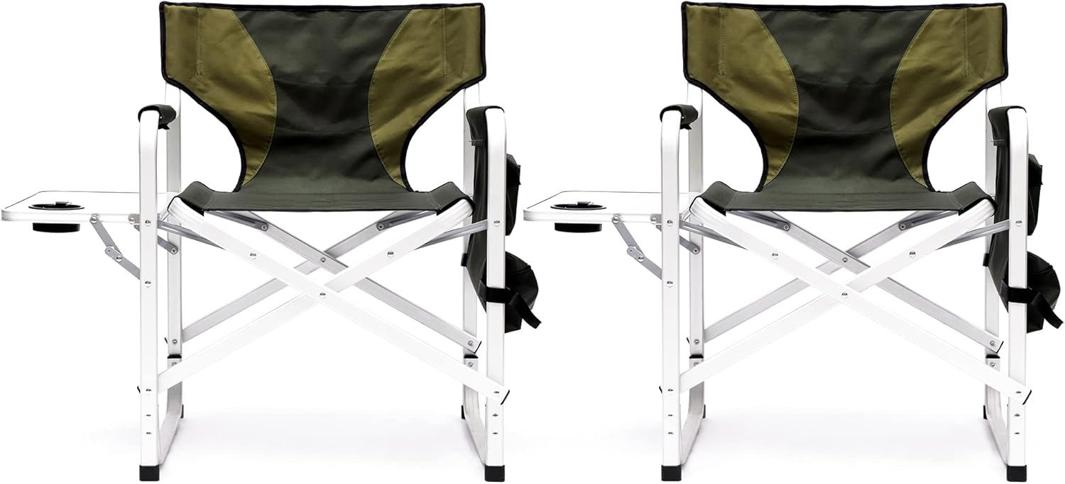 2-Piece Padded Folding Outdoor Chair with Side Table and Storage Pockets,Lightweight Oversized Directors Chair for Indoor, Outdoor Camping, Picnics and Fishing,Green