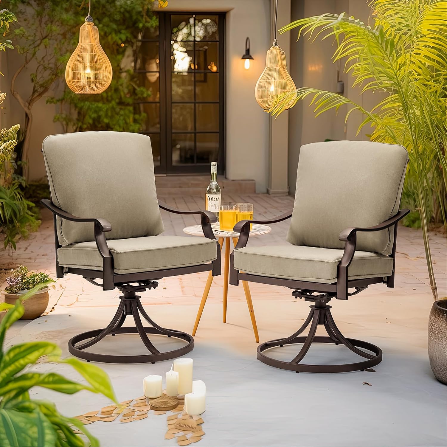 EROMMY Patio Swivel Chair Set of 4, Heavy Duty Outdoor Dining Chairs with Thickened Cushions, Metal Patio Chairs Gentle Rocker for Outside, Garden Lawn & Porch, Backyard, Khaki