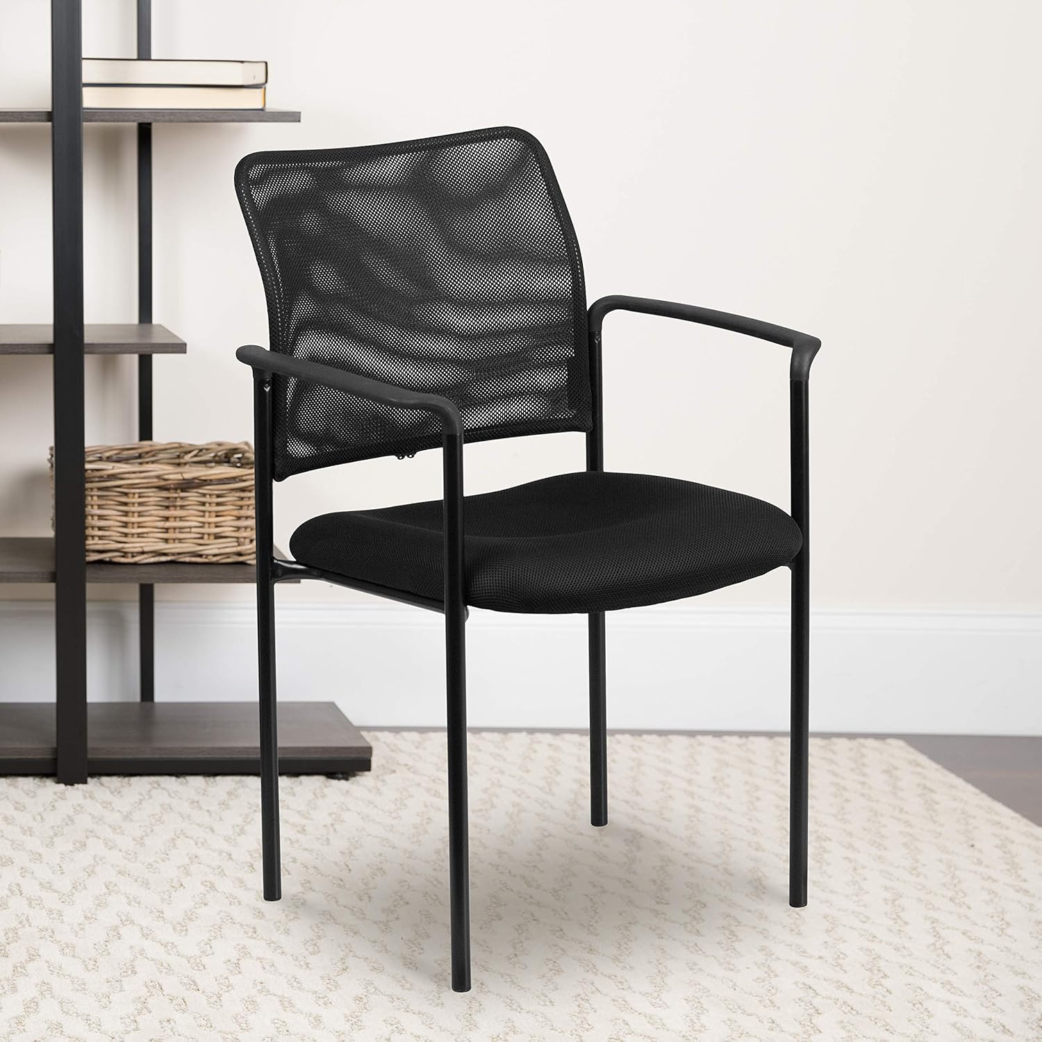 BizChair Comfort Black Mesh Stackable Steel Side Chair with Arms