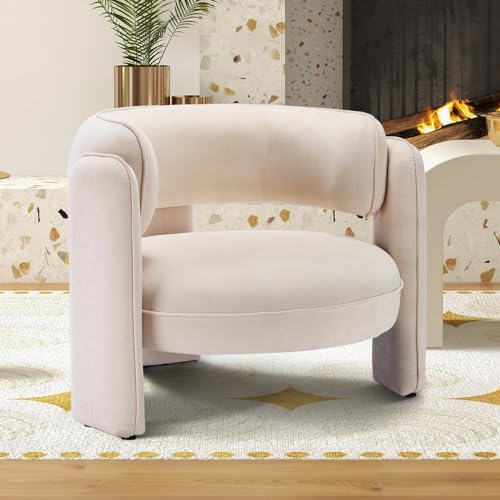 INZOY Mid Century Modern Accent Chair with Velvet Fabric, Comfy Sherpa Accent Chair with Montage Design, Upholstered Boucle Armchair Barrel Chair for Living Room Bedroom Apartment, Beige