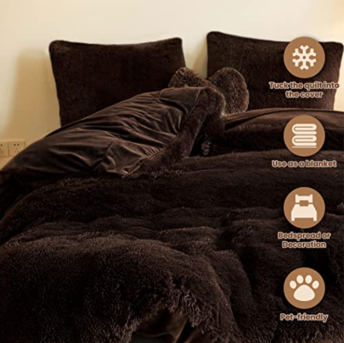 MEGO Luxury Shaggy Plush Duvet Cover Set, Soft 3 Pieces Fluffy Faux Fur Comforter Cover Set, Fuzzy Velvet Bedding Set Queen Size(1 Furry Duvet Cover + 2 Pillow Cases), Zipper Closure(Queen,White)