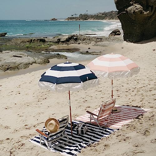 Business & Pleasure Co. Holiday Umbrella - Boho Beach Umbrella with White Fringe, UPF 50+, 1