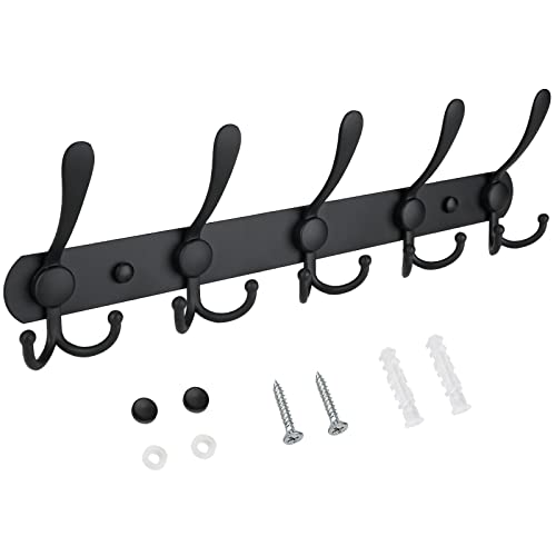 TICONN Wall Mounted Coat Rack, Five Heavy Duty Tri Hooks All Metal Construction for Jacket Coat Hat in Mudroom Entryway (Wood Black, 2-Pack)