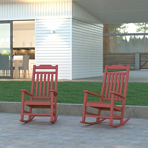 EMMA + OLIVER Set of 2 All-Weather Rocking Chairs in Black Poly Resin Faux Wood - Patio and Yard Furniture