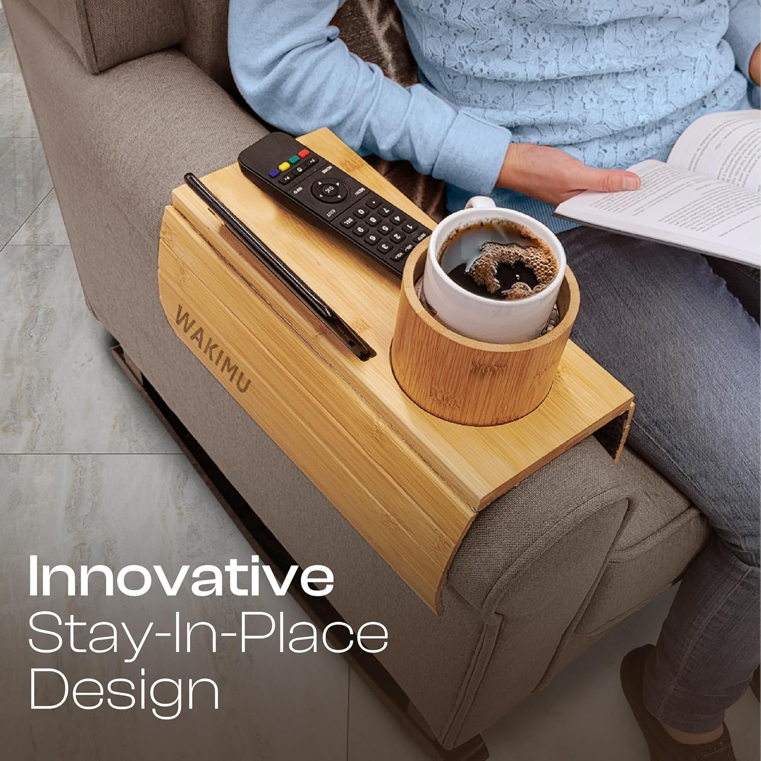 Couch Cup Holder Tray - Bamboo Cup Holder Tray with 360° Rotating Drink Holder - Anti-Slip Sofa Armrest Tray Perfect for Mugs, Remote, Cellphone & Snacks - Multifunctional Sofa Arm Tray