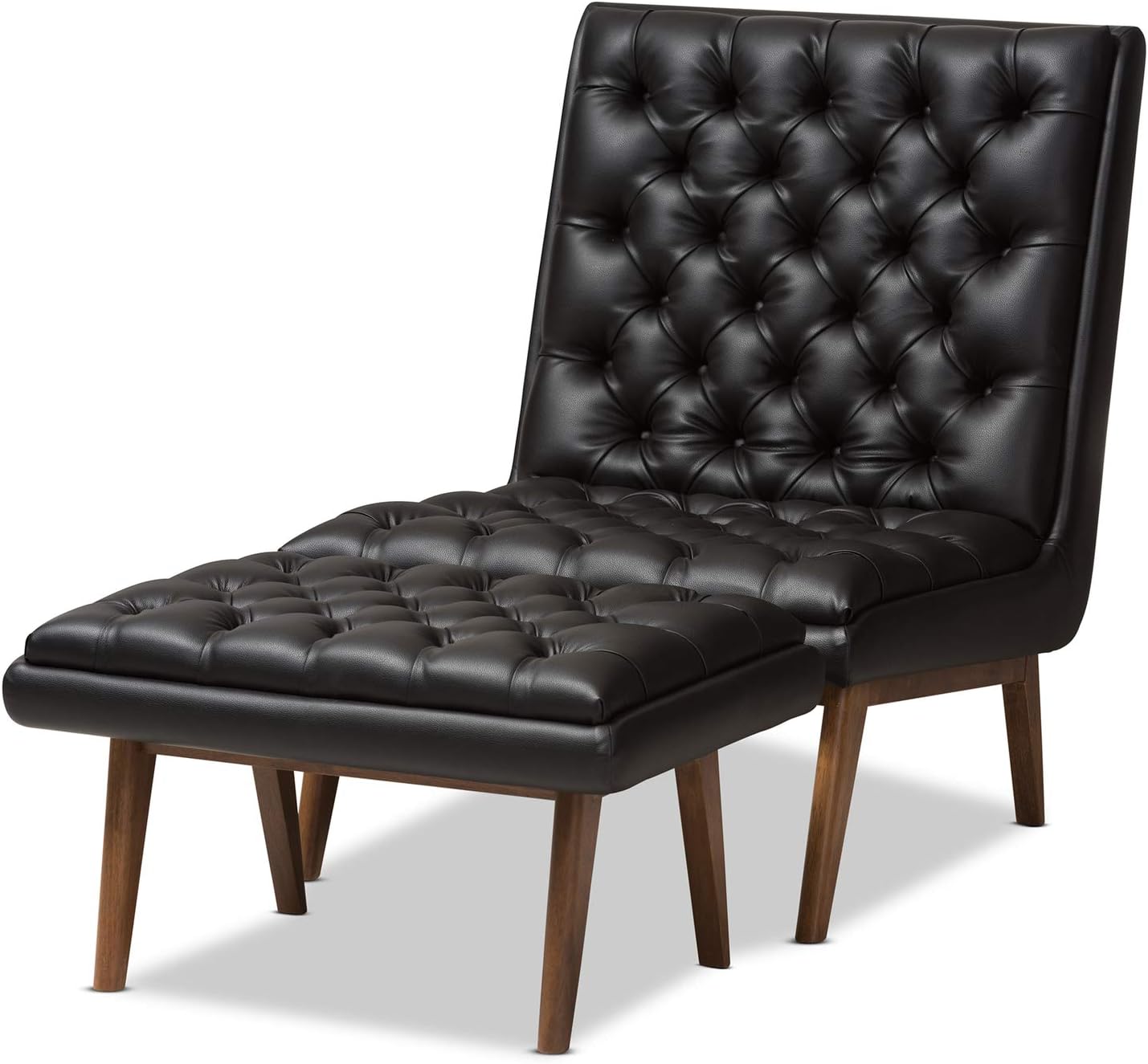 Baxton Studio Annetha Mid-Century Modern Black Faux Leather Upholstered Walnut Finished Wood Chair and Ottoman Set Black//Medium Wood/Mid-Century/Faux Leather/Rubber Wood/Foam