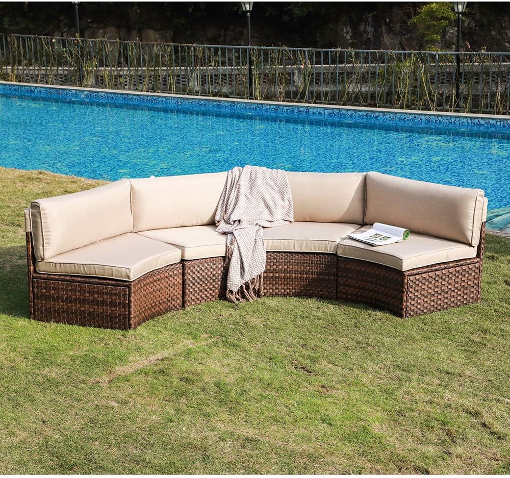 SUNSITT 4-Piece Outdoor Half-Moon Sectional Wicker Sofa Set Patio Furniture, Brown PE Rattan and Beige Cushions